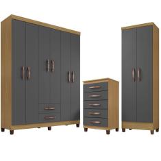 Imagem de Kit Guarda Roupa Casal Porto Belo 6 Portas 2 Gavetas, Cômoda 5 Gavetas Porto Belo e Multiuso Cairo Carvalho Grafite Clique Chique