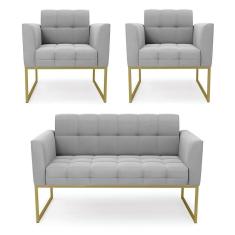 Imagem de Kit 1 Sofá Namoradeira E 2 Poltronas Elisa Suede Cinza Base Metálica Industrial Dourada D`rossi