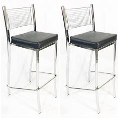 Imagem de Kit 2 Banquetas Empilhável Cozinha Cromada Alta Assento Preto - Poltronas do Sul