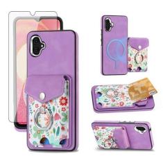 Imagem de Asuwish Capa de celular para Samsung Galaxy A04e carteira com protetor de tela anel fino magnético suporte suporte traseiro porta-cartão de crédito flor bolsa móvel AO4e A 04e meninas mulheres homens