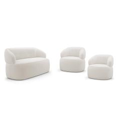 Imagem de Kit 02 Poltronas Giratória e 01 Sofá Orgânico Glee 02 Lugares 140cm Bouclê Off White - Desk Design