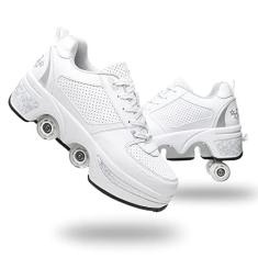 Imagem de Tênis de patins para mulheres, quatro rodadas, patins infantis que se transformam em patins, tênis leves para uso ao ar livre com rodas para meninas/meninos (branco, prata, 38)