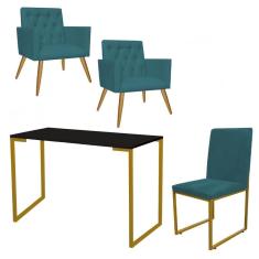 Imagem de Kit Escritório Stan 2 Poltronas Capitonê com Cadeira e Mesa Industrial Preto Dourado Suede Azul Turquesa - Ahz Móveis