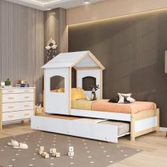 Imagem de Bicama Infantil Solteiro Madeira Maciça/mdf com Telhado Casinha Casatema Branca/Natural
