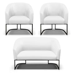 Imagem de Sofá Namoradeira E 2 Poltronas Base Industrial Preto Stella Corino Branco D03 - D`rossi