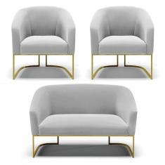 Imagem de Namoradeira E 2 Poltronas Base Industrial Dourado Stella Suede Cinza D03 - D`rossi