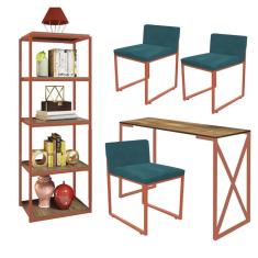 Imagem de Kit Escritório Bex 3 Cadeiras Suede Azul Turquesa com 1 Mesa e 1 Livreiro Ferro Bronze MDF Freijó - Ahazzo Móveis