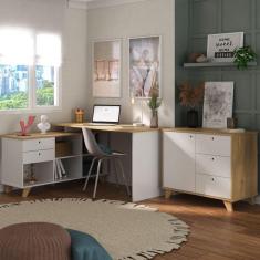 Imagem de Conjunto Home Office 2 Peças Escrivaninha em L Gold com Balcão Lugano Artany Olmo/Branco