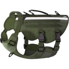 Imagem de Peitoral tático para cães grandes e médios, sem puxão, ajustável, com 2 alças e clipe de coleira frontal, ultraleve e reflexivo, colete para cães de serviço militar para caminhadas, caminhadas (verde,