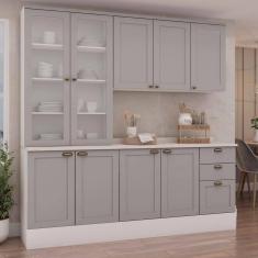 Imagem de Cozinha Modulada Compacta 4 Peças com Armário Aéreo 2 Portas Vidro 100% Mdf com Tampo Impermeável Branco/Cinza