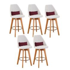 Imagem de Kit 05 Banquetas Alta Maya Giratória Com Encosto Linho Bege Claro e Almofada Suede Bordô - Aurora Line