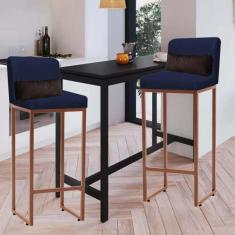 Imagem de Kit 02 Banqueta Alta com Encosto Lucca Industrial Cozinha Balcão Ferro Bronze Suede Azul Marinho e Almofada Marrom - Ahazzo Móveis