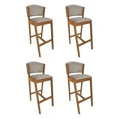 Imagem de Kit 4 Banquetas Alta De Madeira Maciça Cerejeira Premium Ana Com Encosto Linho Bege - Cor: Bege