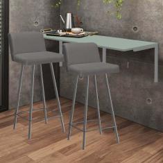 Imagem de Kit Mesa Suspensa de Parede Fixa MDF Verde Oliva + 2 Banquetas Lexi Ferro Prata Suede Cinza - Ahazzo Móveis