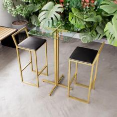 Imagem de Jogo Mesa Alta Bistrô Quadrada Vidro 2 Banquetas Estofado Confort Indu