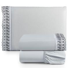 Imagem de Jogo De Lençol Solteiro 3 Peças Basic Percal 180 Fios Lese Bordado Inglês - Cinza