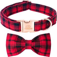 Imagem de Tunkoo Coleira de Natal para cães com gravata borboleta - coleira xadrez de algodão vermelho super fofa, ajustável, disponível em pequeno, médio, grande para meninas, meninos, cães, M