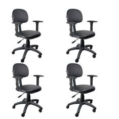 Imagem de Kit 4 Unidades Cadeira Escritório Secretária Giratória com Braço Regulável em Couro Preto