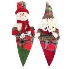 Imagem de Kit 2 Enfeites Árvore Natal Papai Noel E Boneco Neve Saco Natalino Xadrez