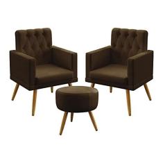 Imagem de Kit 2 Poltronas Decorativas Estofada Vega e Puff Solar Com Rodapé E Botões Capitonê Sued Marrom Aradecor