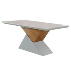 Imagem de Mesa de Sala Jantar Dubai + Tampo Madeirado Vidro Reto 180x90cm Off Wh