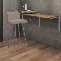 Imagem de Kit Mesa Suspensa de Parede Fixa mdf Rústico + 1 Banqueta Lexi Ferro Cinza Suede Bege - Ahazzo Móveis