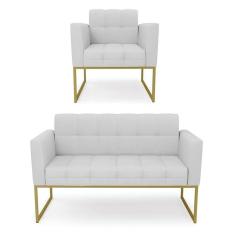 Imagem de Kit 1 Sofá Namoradeira E 1 Poltrona Elisa Linho Base Metálica Industrial Dourada - Cor A05 Cinza