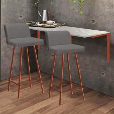 Imagem de Kit Mesa Suspensa de Parede Fixa MDF Marmorizado + 2 Banquetas Lexi Ferro Bronze Sintético Cinza - Ahazzo Móveis