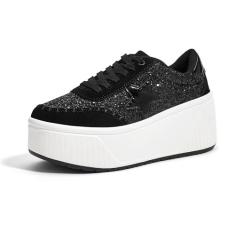 Imagem de LUCKY STEP Tênis feminino plataforma, grosso, moderno, com glitter, cunha, brilhante, salto alto, casual, brilhante, sola grossa, Glitter preto, 38