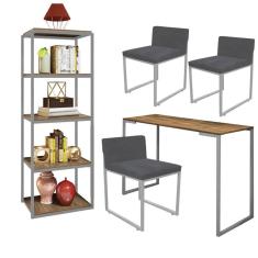 Imagem de Kit Escritório Ravi 3 Cadeiras Suede Cinza com 1 Mesa e 1 Livreiro Ferro Cinza MDF Carvalho - Ahazzo Móveis