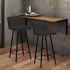 Imagem de Kit Mesa Suspensa de Parede Fixa MDF Carvalho + 2 Banquetas Lexi Ferro Preto Suede Preto - Ahazzo Móveis