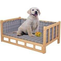 Imagem de Cama elevada cinza para cães com escadas, filhote de cachorro com estrutura de madeira/sofá médio/grande para animais de estimação e colchão macio lavável, canil interno e externo para cães,