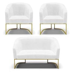 Imagem de Sofá Namoradeira E 2 Poltronas Base Industrial Dourado Stella Corano Branco D03 - D`rossi