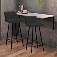 Imagem de Kit Mesa Suspensa de Parede Fixa MDF Marmorizado + 2 Banquetas Lexi Ferro Preto Suede Preto - Ahazzo Móveis