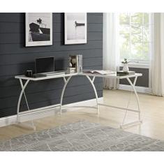 Imagem de Escrivaninha de vidro em forma de L, mesa de console de escritório doméstico com moldura de metal, mesa de estudo, mesa de computador, penteadeira de maquiagem, estação de trabalho para pequenos
