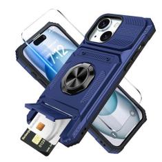 Imagem de Benbenjaytek Capa carteira para iPhone 15 com suporte para cartão + 1 protetor de tela, (2 cartões) e suporte de anel de 360°, capa resistente à prova de choque de grau militar para iPhone 15 de 6,1