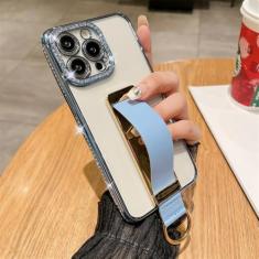 Imagem de Alça de pulso anel de dedo suporte invisível capa de telefone para iPhone 14 15 ProMax 12 13 Pro Max 11 Plus capa luxuosa revestida de diamante, azul celeste, para iphone 14PLUS