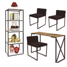Imagem de Kit Escritório Bex 3 Cadeiras Suede Marrom com 1 Mesa e 1 Livreiro Ferro Marrom MDF Imbuia - Ahazzo Móveis