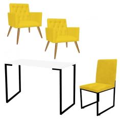 Imagem de Kit Escritório Stan 2 Poltronas Capitonê com Cadeira e Mesa Industrial Branco Preto Tecido Sintético Amarelo - Ahz Móveis