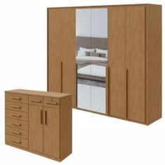 Imagem de Conjunto de Guarda-roupa 6 Portas com Espelho Imperatore com Cômoda Toronto Amêndoa Clean