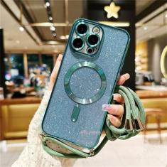 Imagem de Capa magnética com cordão crossbody brilhante para iPhone 15 14 Plus 13 12 11 Pro Max Capa traseira de TPU macio galvanizado, verde claro, para iPhone 14Pro Max
