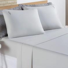 Imagem de Jogo De Cama Lençol Percal 200 Fios 100% Algodão Bordado Liana Casal Padrão 04 Peças Cinza