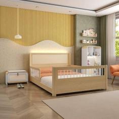 Imagem de Cama Casal Montessoriana Reversível, Estante 4 Nichos em LED e Sapateira 1 PT Infantil Wave Casatema Branco / Natural