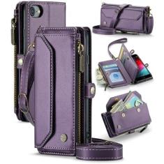 Imagem de Capa para iPhone 6/7/8, para iPhone SE (2ª/3ª geração), capa tipo carteira transversal, suporte com bloqueio de RFID, compartimentos para cartões de carregamento sem fio, bolsa de ombro de poliuretano