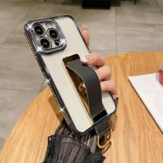 Imagem de Alça de pulso anel de dedo suporte invisível capa de telefone para iPhone 14 15 ProMax 12 13 Pro Max 11 Plus capa luxuosa revestida de diamante, preta, para iphone 14ProMax