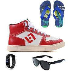 Imagem de Tenis Infantil Meninos Botinha Cano Alto Escolar Casual Basico + Chinelo Oculos Relogio