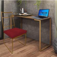 Imagem de Kit Escritório Stark Cadeira e Mesa Industrial Ferro Dourado Tampo MDF Castanho Sintético Vermelho - Ahz Móveis