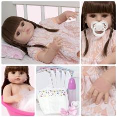Imagem de Boneca Reborn de Silicone Cabelo Castanho Linda 13 Itens