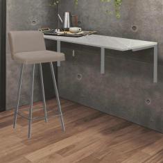 Imagem de Kit Mesa Suspensa de Parede Fixa mdf Marmorizado + 1 Banqueta Lexi Ferro Prata Sintético Bege - Ahazzo Móveis