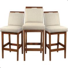 Imagem de Kit 3 Banquetas Alta Rubi Estofada Tecido Linho Base Madeira Maciça Ca